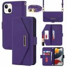 For iPhone 14 Cross Texture Lanyard Leather Phone Case(Purple) - 1