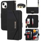 For iPhone 14 Plus Cross Texture Lanyard Leather Phone Case(Black) - 1