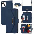 For iPhone 14 Plus Cross Texture Lanyard Leather Phone Case(Blue) - 1