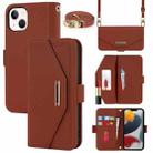 For iPhone 14 Plus Cross Texture Lanyard Leather Phone Case(Brown) - 1