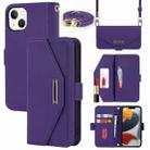 For iPhone 14 Plus Cross Texture Lanyard Leather Phone Case(Purple) - 1