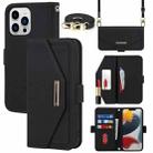 For iPhone 13 Pro Max Cross Texture Lanyard Leather Phone Case(Black) - 1