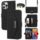 For iPhone 12 Pro Max Cross Texture Lanyard Leather Phone Case(Black) - 1