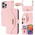 For iPhone 12 Pro Max Cross Texture Lanyard Leather Phone Case(Pink) - 1