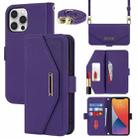For iPhone 12 / 12 Pro Cross Texture Lanyard Leather Phone Case(Purple) - 1