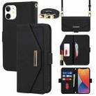 For iPhone 12 mini Cross Texture Lanyard Leather Phone Case(Black) - 1