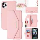 For iPhone 11 Pro Max Cross Texture Lanyard Leather Phone Case(Pink) - 1