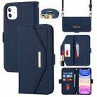 For iPhone 11 Cross Texture Lanyard Leather Phone Case(Blue) - 1