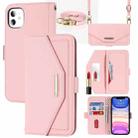 For iPhone 11 Cross Texture Lanyard Leather Phone Case(Pink) - 1