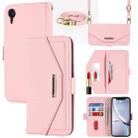 For iPhone XR Cross Texture Lanyard Leather Phone Case(Pink) - 1