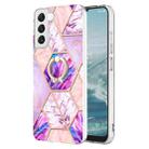 For Samsung Galaxy S23 5G Splicing Marble Flower IMD TPU Phone Case Ring Holder(Light Purple) - 1