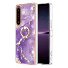 For Sony Xperia 1 IV Electroplating Marble IMD Phone Case with Ring Holder(Purple 002) - 1