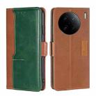 For vivo X90 Pro+ Contrast Color Side Buckle Leather Phone Case(Light Brown+Green) - 1