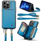 For iPhone 13 Pro Max JEEHOOD C22 Series Zipper Wallet Leather Phone Case with Dual Lanyard(Blue) - 1