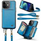 For iPhone 12 JEEHOOD C22 Series Zipper Wallet Leather Phone Case with Dual Lanyard(Blue) - 1