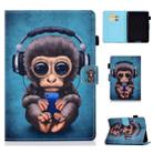 For Kindle Youth Edition 2019 Horizontal TPU Painted Flat Feather Case Anti-skid strip with Sleep Function & Pen Cover & Card Slot & Holder(Headphone Monkey) - 1