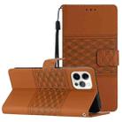 For iPhone 12 Pro Diamond Embossed Skin Feel Leather Phone Case with Lanyard(Brown) - 1