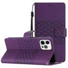 For iPhone 12 Pro Diamond Embossed Skin Feel Leather Phone Case with Lanyard(Purple) - 1