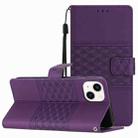 For iPhone 14 Plus Diamond Embossed Skin Feel Leather Phone Case with Lanyard(Purple) - 1