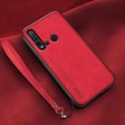 For Huawei nova 5i Lamba Skin Feel Leather Back Phone Case with Strap(Red) - 1