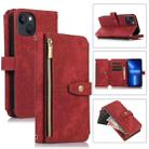 For iPhone 13 Dream 9-Card Wallet Zipper Bag Leather Phone Case(Red) - 1
