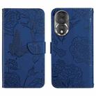 For Honor 80 HT03 Skin Feel Butterfly Embossed Flip Leather Phone Case(Blue) - 1