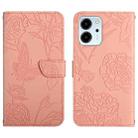 For Honor 80 SE HT03 Skin Feel Butterfly Embossed Flip Leather Phone Case(Pink) - 1