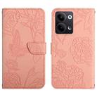 For OPPO Reno9 / Reno9 Pro HT03 Skin Feel Butterfly Embossed Flip Leather Phone Case(Pink) - 1