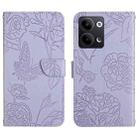 For OPPO Reno9 / Reno9 Pro HT03 Skin Feel Butterfly Embossed Flip Leather Phone Case(Purple) - 1