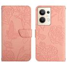 For OPPO Reno9 Pro+ HT03 Skin Feel Butterfly Embossed Flip Leather Phone Case(Pink) - 1