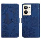 For OPPO Reno9 Pro+ HT03 Skin Feel Butterfly Embossed Flip Leather Phone Case(Blue) - 1