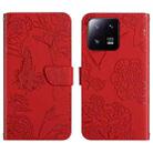 For Xiaomi 13 HT03 Skin Feel Butterfly Embossed Flip Leather Phone Case(Red) - 1