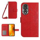 For Honor 80 HT04 Skin Feel Sun Flower Embossed Flip Leather Phone Case with Lanyard(Red) - 1