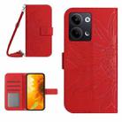 For OPPO Reno9 / Reno9 Pro HT04 Skin Feel Sun Flower Embossed Flip Leather Phone Case with Lanyard(Red) - 1