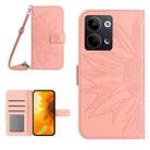 For OPPO Reno9 / Reno9 Pro HT04 Skin Feel Sun Flower Embossed Flip Leather Phone Case with Lanyard(Pink) - 1