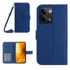 For OPPO Reno9 / Reno9 Pro HT04 Skin Feel Sun Flower Embossed Flip Leather Phone Case with Lanyard(Dark Blue) - 1