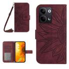 For OPPO Reno9 / Reno9 Pro HT04 Skin Feel Sun Flower Embossed Flip Leather Phone Case with Lanyard(Wine Red) - 1