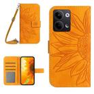 For OPPO Reno9 / Reno9 Pro HT04 Skin Feel Sun Flower Embossed Flip Leather Phone Case with Lanyard(Yellow) - 1