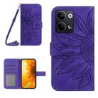 For OPPO Reno9 / Reno9 Pro HT04 Skin Feel Sun Flower Embossed Flip Leather Phone Case with Lanyard(Dark Purple) - 1
