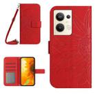 For OPPO Reno9 Pro+ HT04 Skin Feel Sun Flower Embossed Flip Leather Phone Case with Lanyard(Red) - 1