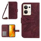 For OPPO Reno9 Pro+ HT04 Skin Feel Sun Flower Embossed Flip Leather Phone Case with Lanyard(Wine Red) - 1