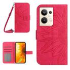 For OPPO Reno9 Pro+ HT04 Skin Feel Sun Flower Embossed Flip Leather Phone Case with Lanyard(Rose Red) - 1