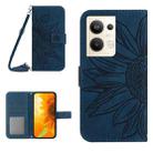 For OPPO Reno9 Pro+ HT04 Skin Feel Sun Flower Embossed Flip Leather Phone Case with Lanyard(Inky Blue) - 1