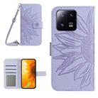 For Xiaomi 13 HT04 Skin Feel Sun Flower Embossed Flip Leather Phone Case with Lanyard(Purple) - 1