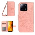 For Xiaomi 13 HT04 Skin Feel Sun Flower Embossed Flip Leather Phone Case with Lanyard(Pink) - 1