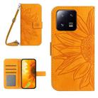 For Xiaomi 13 HT04 Skin Feel Sun Flower Embossed Flip Leather Phone Case with Lanyard(Yellow) - 1