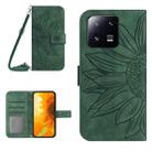 For Xiaomi 13 HT04 Skin Feel Sun Flower Embossed Flip Leather Phone Case with Lanyard(Green) - 1