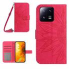 For Xiaomi 13 HT04 Skin Feel Sun Flower Embossed Flip Leather Phone Case with Lanyard(Rose Red) - 1