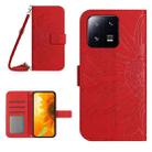 For Xiaomi 13 Pro HT04 Skin Feel Sun Flower Embossed Flip Leather Phone Case with Lanyard(Red) - 1