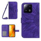 For Xiaomi 13 Pro HT04 Skin Feel Sun Flower Embossed Flip Leather Phone Case with Lanyard(Dark Purple) - 1